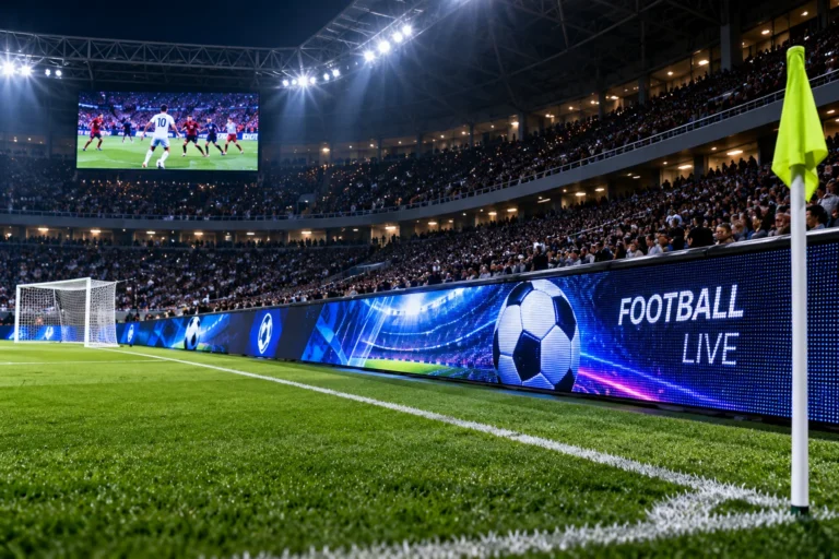Bandeau LED périmétrique au bord d’un terrain de football et écran géant dans les tribunes du stade