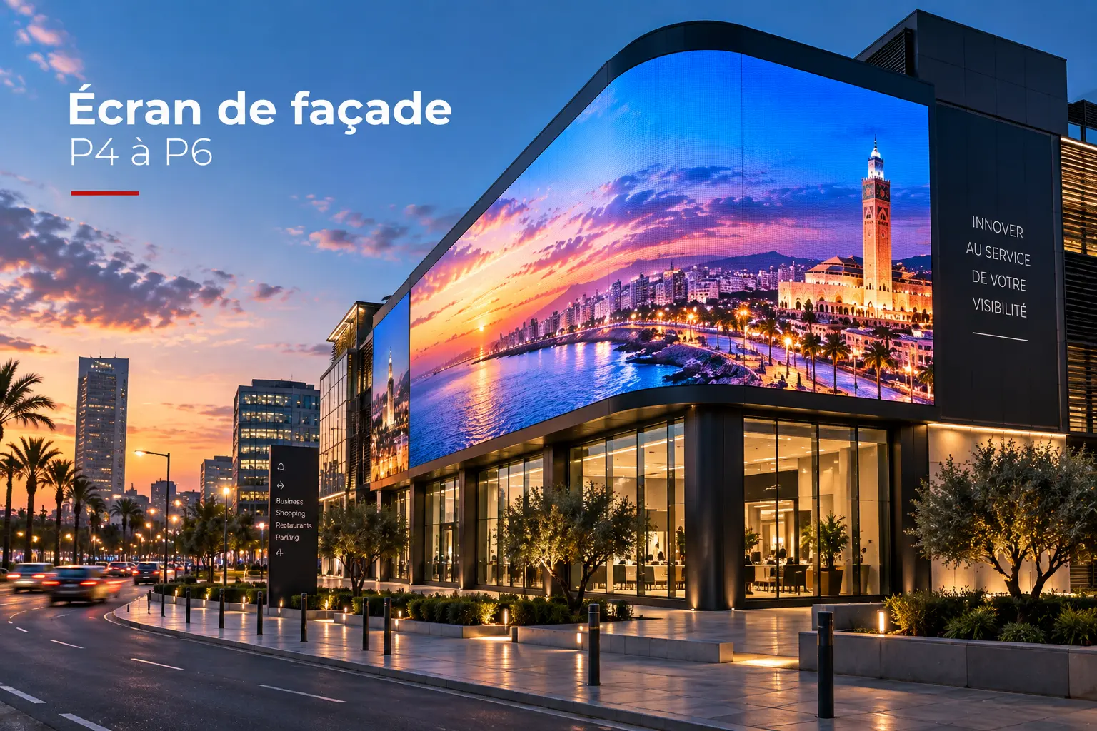 Écran LED de façade incurvé P4 à P6 intégré à un immeuble commercial