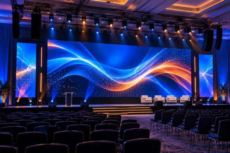 Écran LED de location intérieure en fond de scène d’une salle de conférence, avec deux écrans latéraux