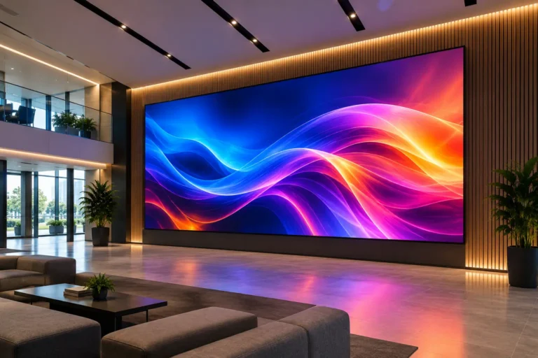 Mur LED intérieur standard P1.8 à P2.5 dans le hall d’accueil d’un immeuble de bureaux