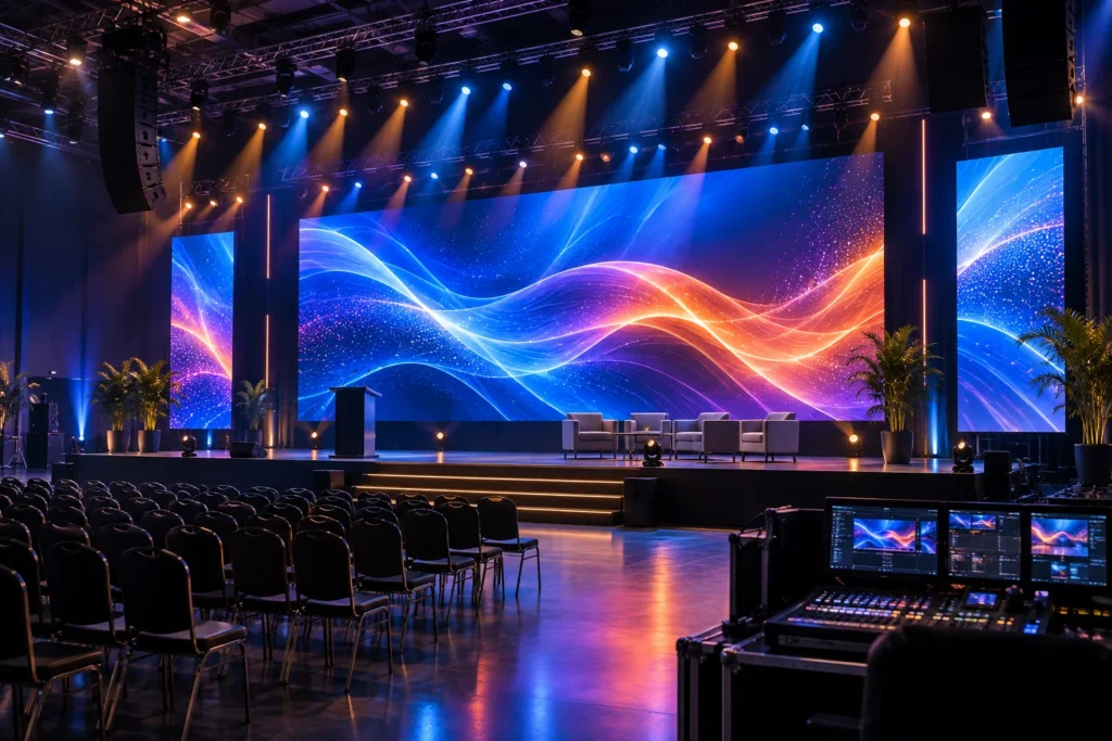 Scène de conférence avec grand écran LED central, deux écrans latéraux et régie vidéo au premier plan